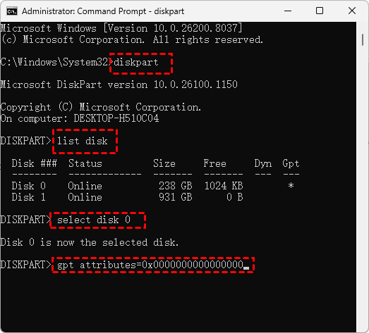 Diskpart Clear GPT Attributes