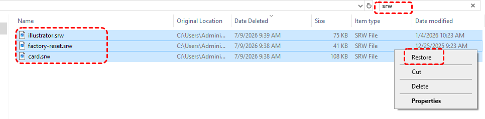 Restore SRW from Recycle Bin