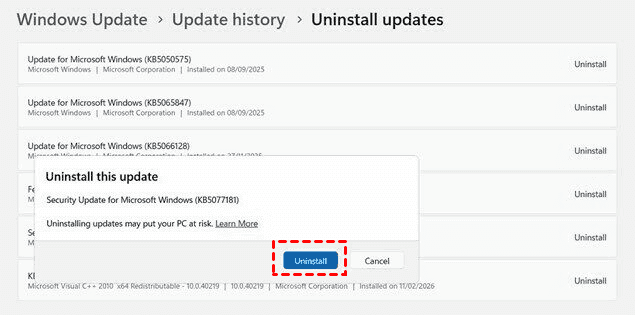 Uninstall Windows Update KB5077181
