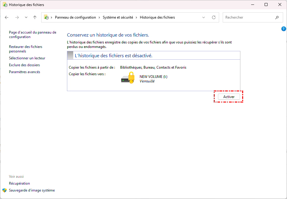 Activer l'historique des fichiers